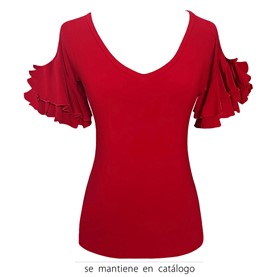 Camiseta volantes mujer, rojo empolvado