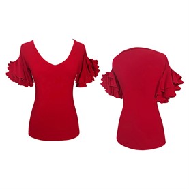 Mujer camiseta volantes, rojo empolvado.
